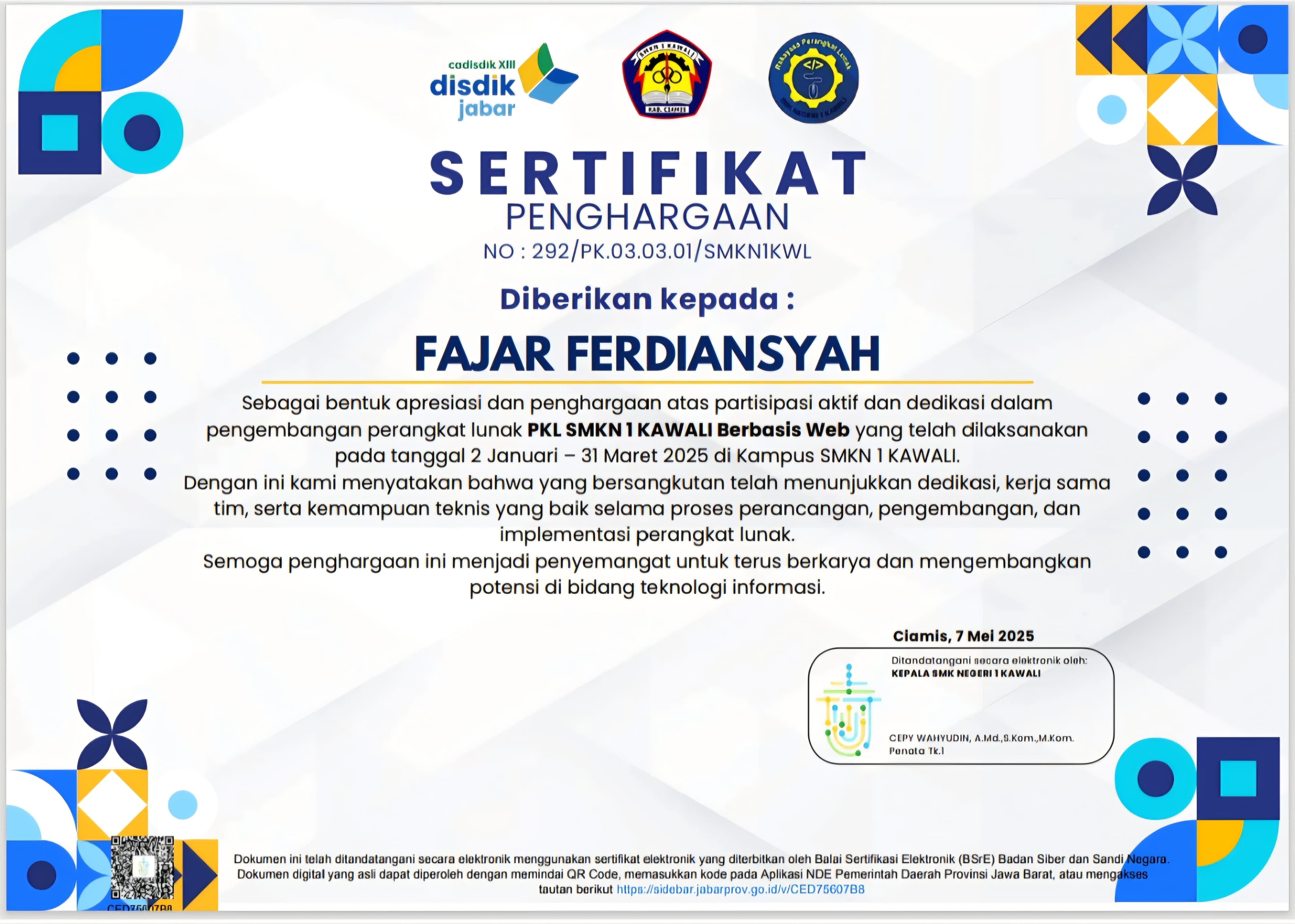 Pengembangan Perangkat Lunak PKL SMKN 1 Kawali Berbasis Web